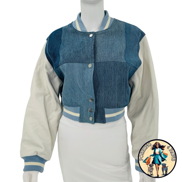 EB Denim Cropped Varsity Denim Patchwork Leather Jacket in Blue & White Size L - Picture 4 of 14